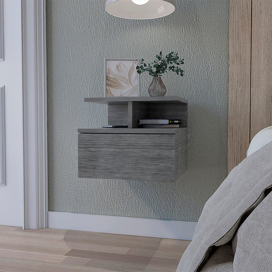 Floating gray bedside table with drawer and open shelf