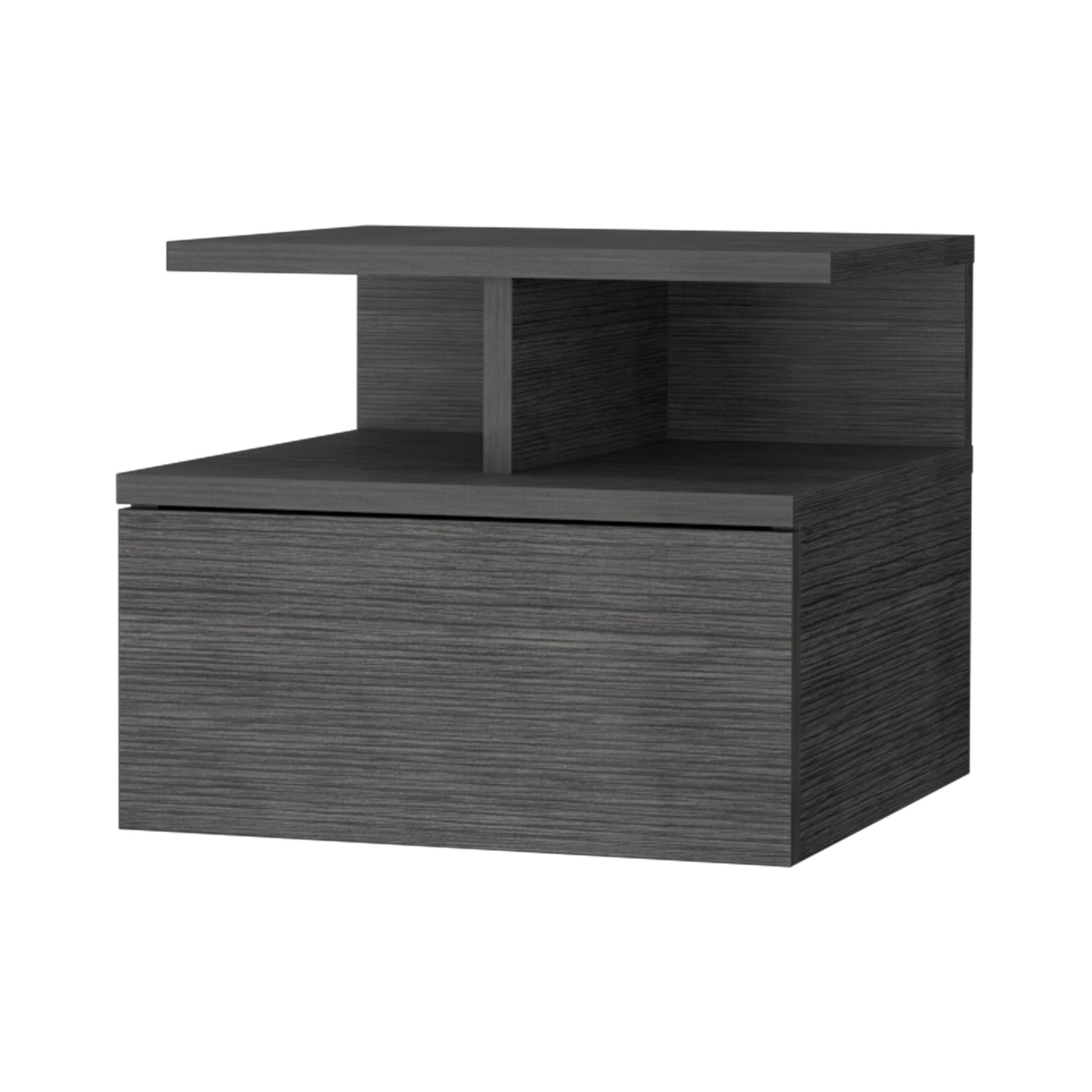 Modern grey wood nightstand with one drawer and open shelf