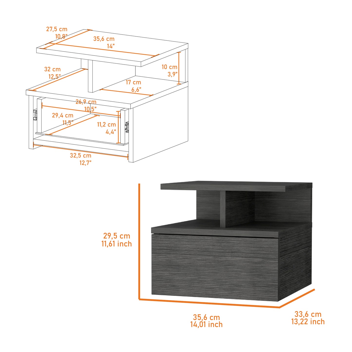 Modern grey bedside table with drawer and open shelf