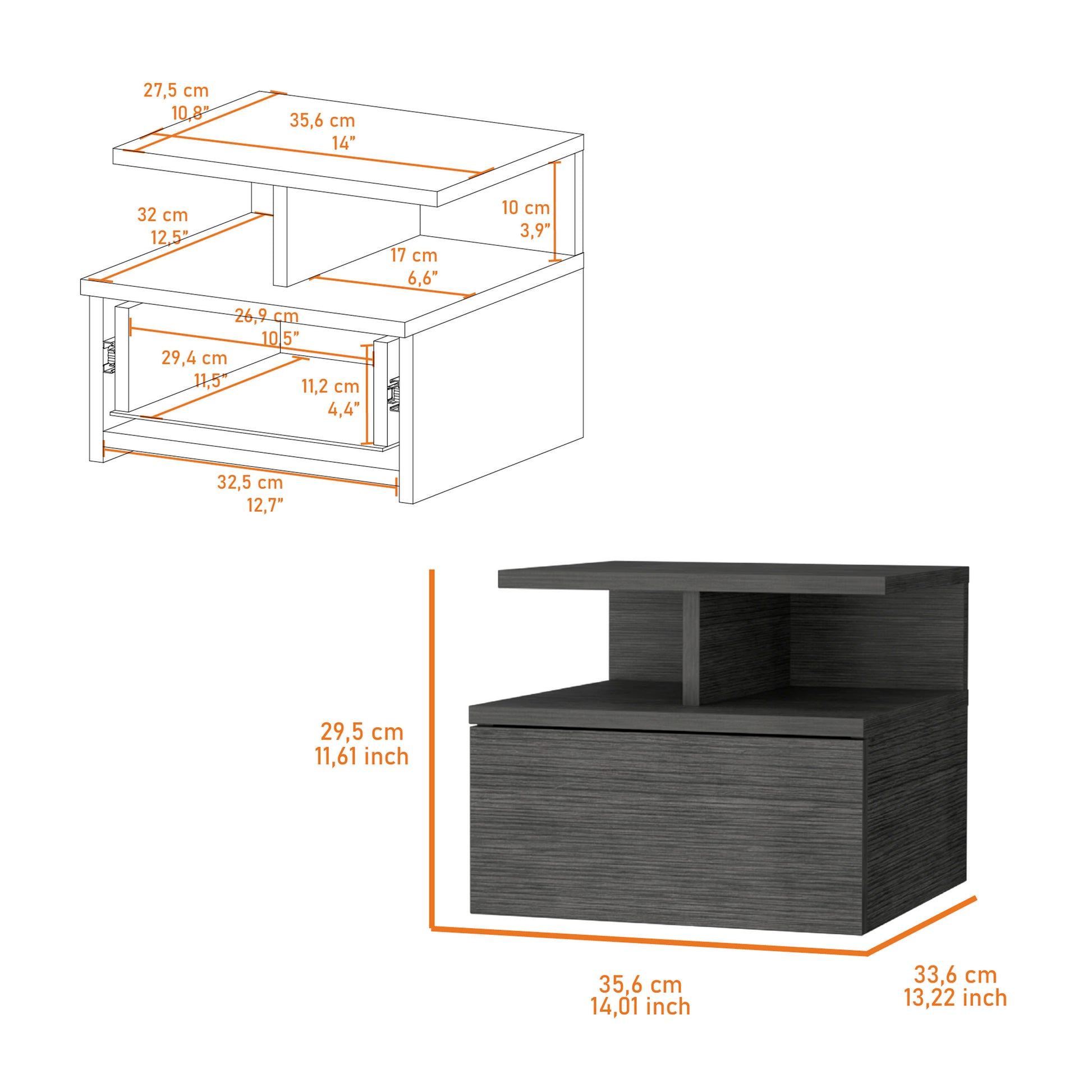 Modern grey bedside table with drawer and open shelf