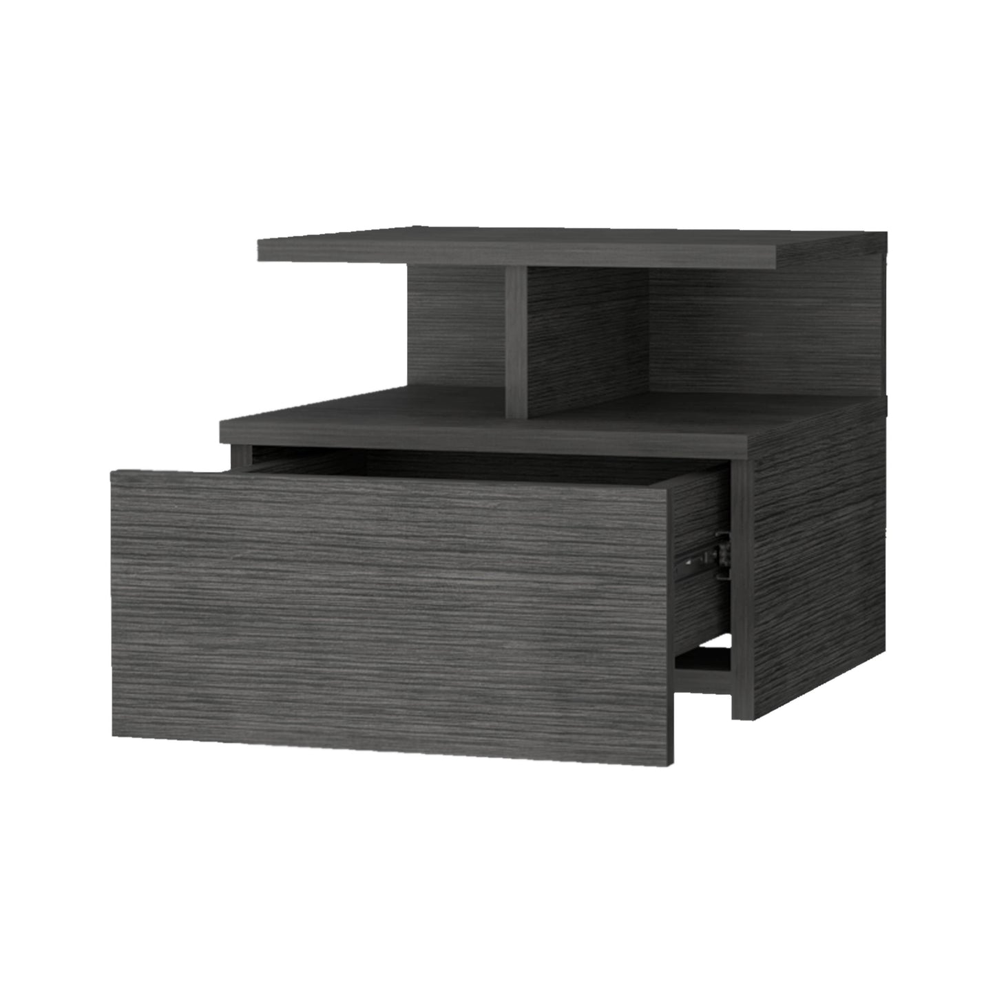 Dark gray modern nightstand with one open drawer and open shelving