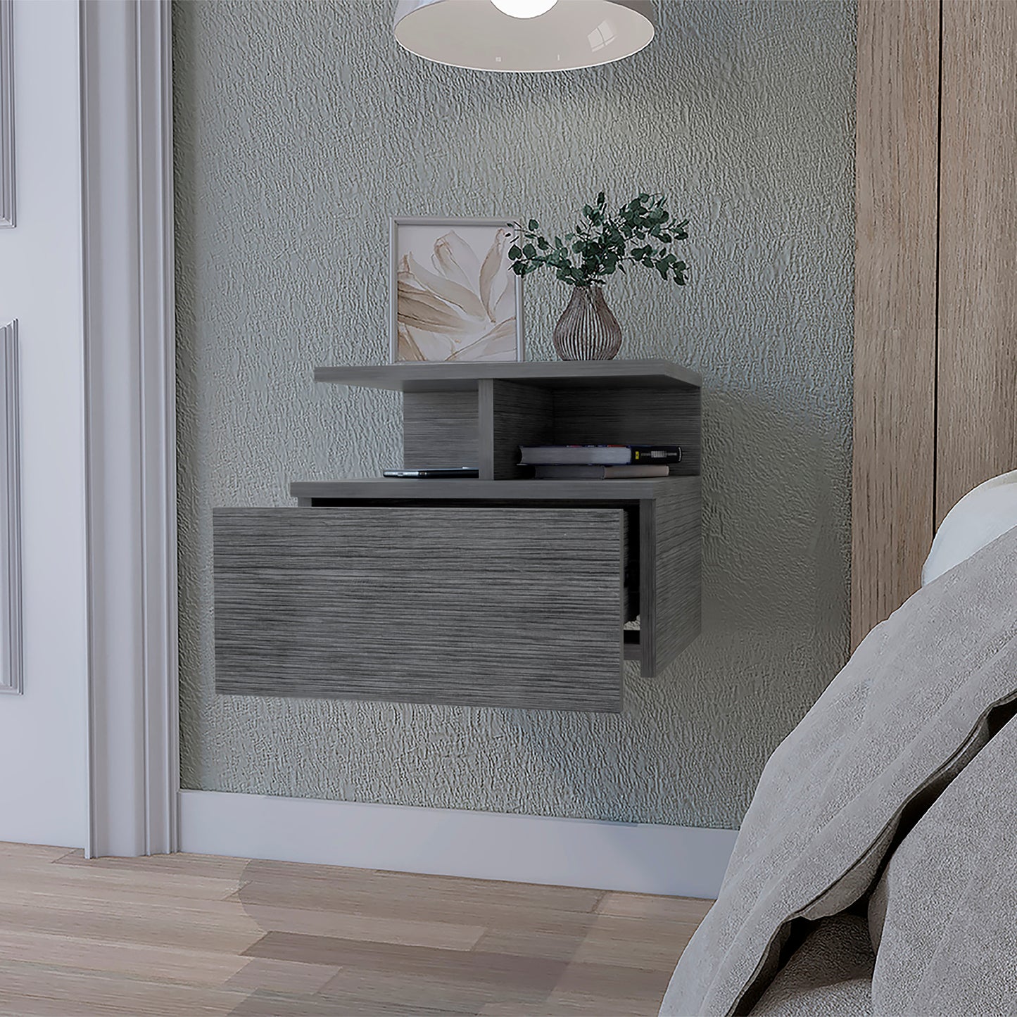 Gray wood grain floating nightstand with open drawer and shelf