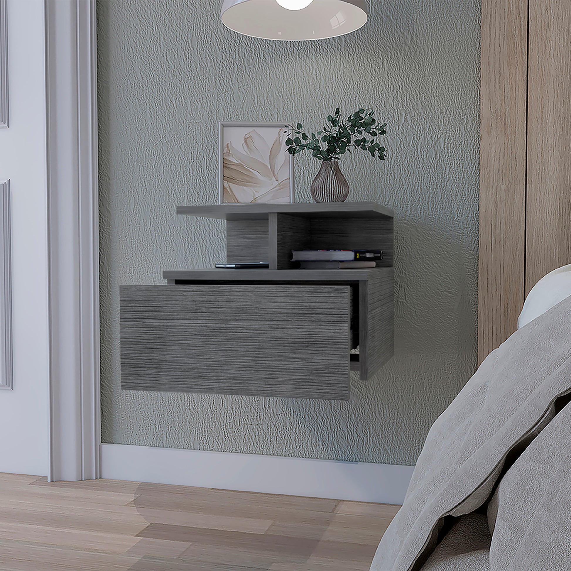 Gray wood grain floating nightstand with open drawer and shelf