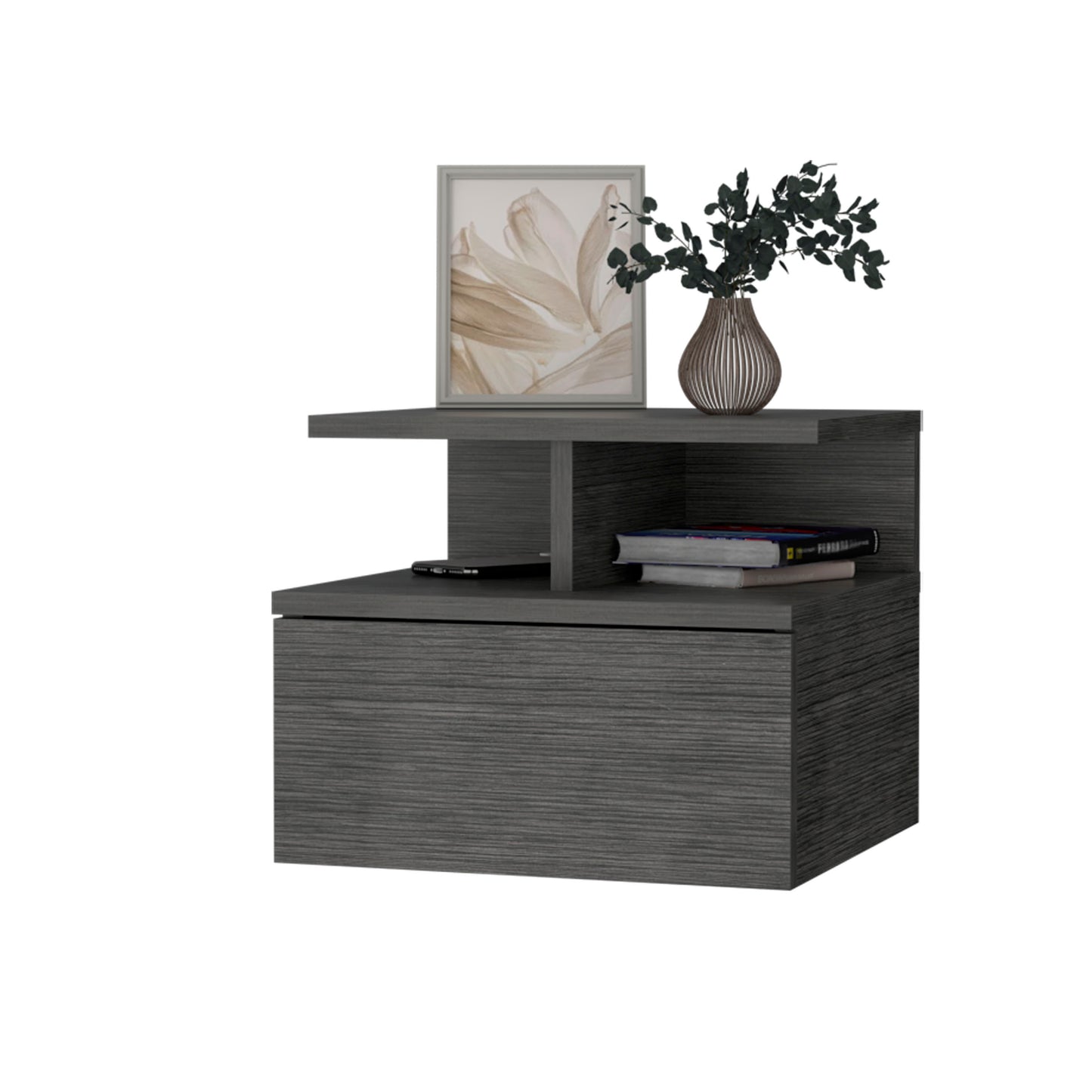 Modern grey wood bedside table with drawer and open shelf