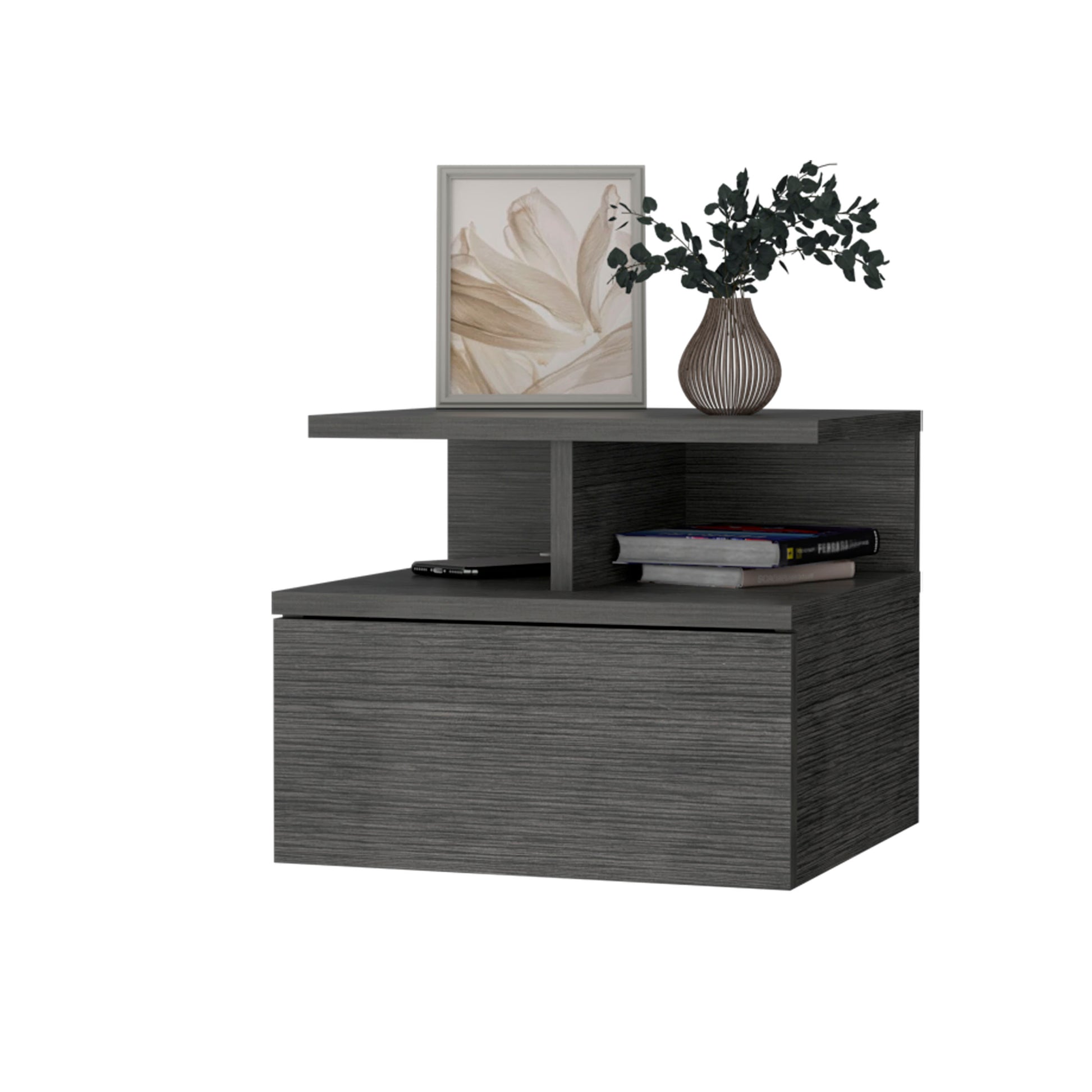 Modern grey wood bedside table with drawer and open shelf