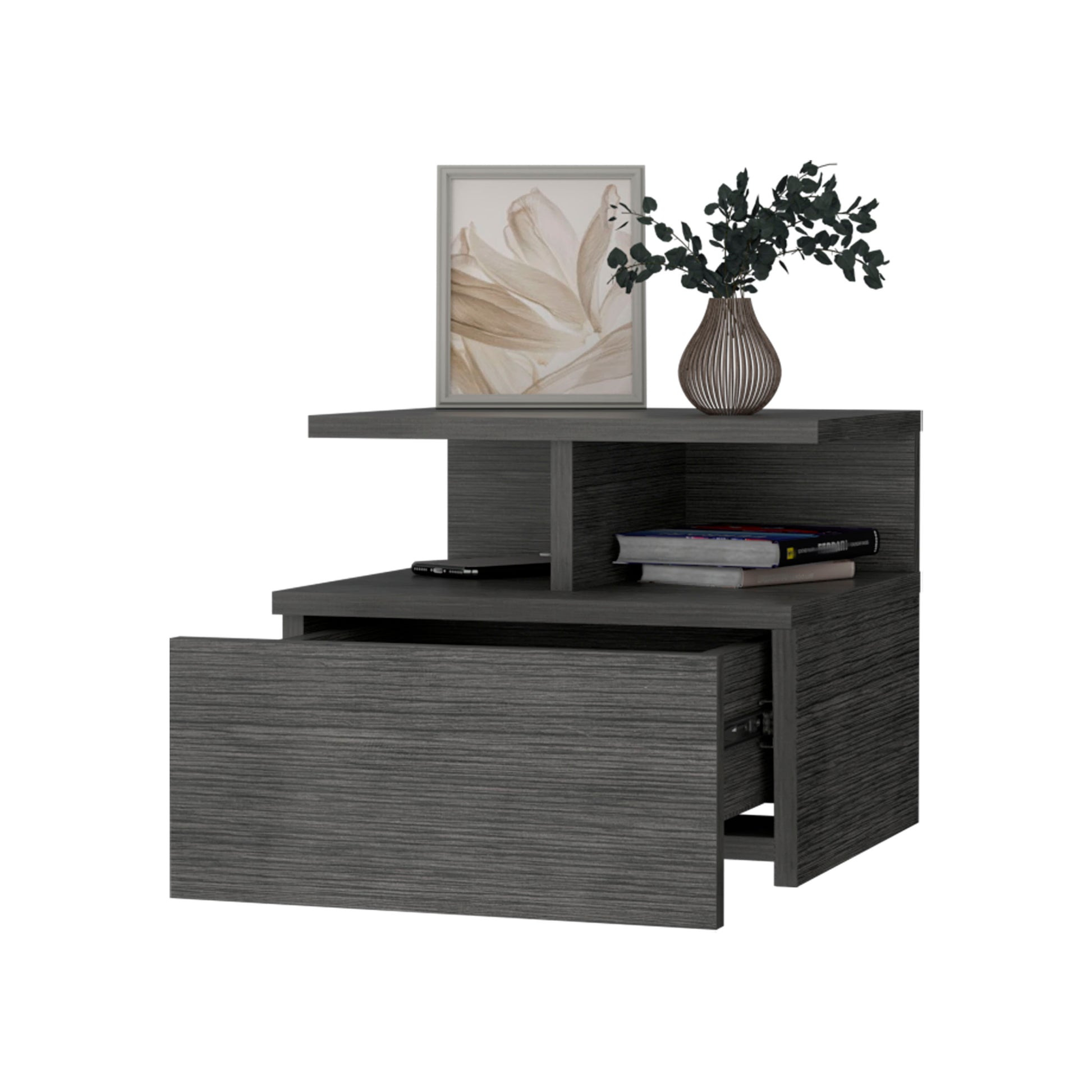 Modern grey wood nightstand with open shelf and drawer