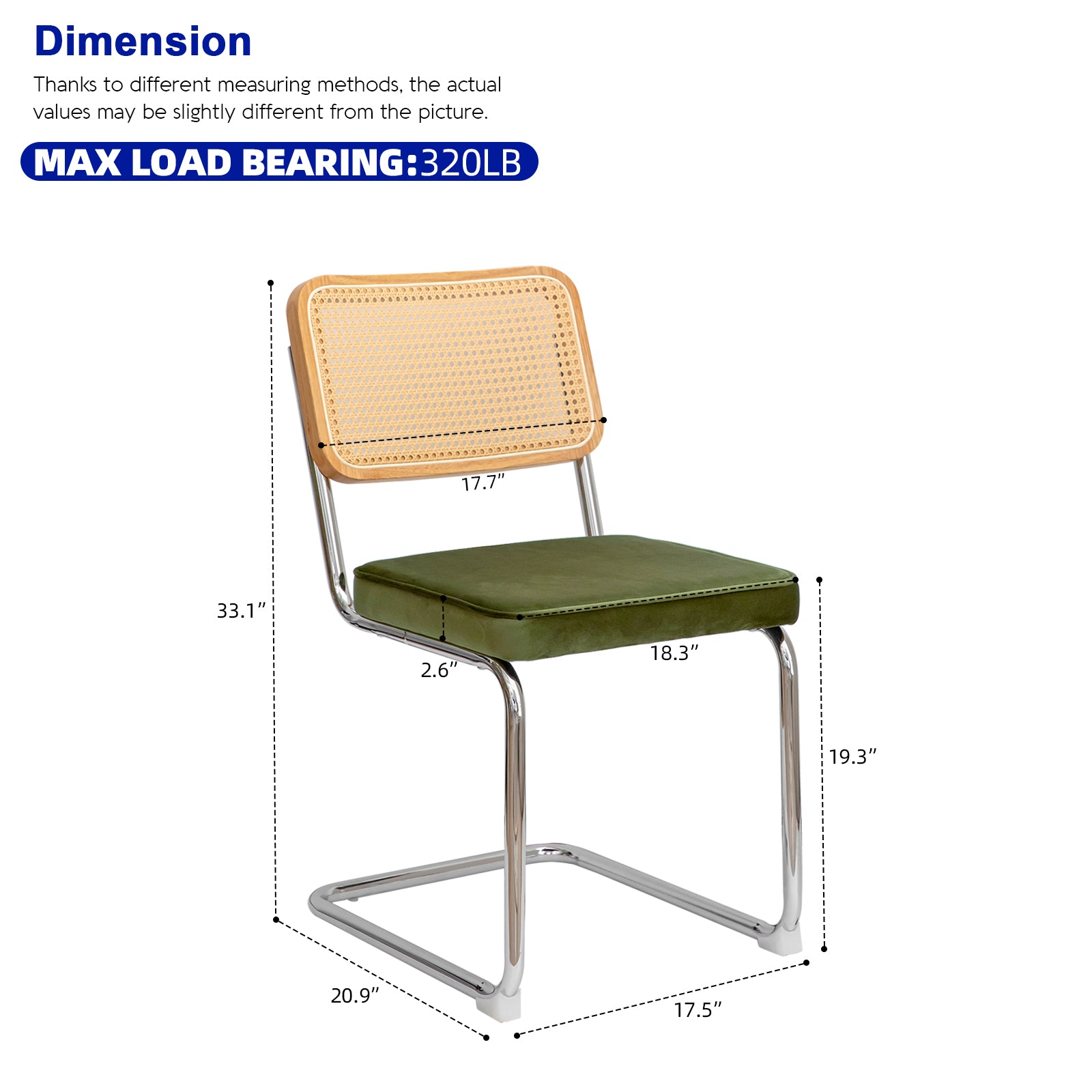 Modern rattan back dining chair with green velvet seat and chrome frame