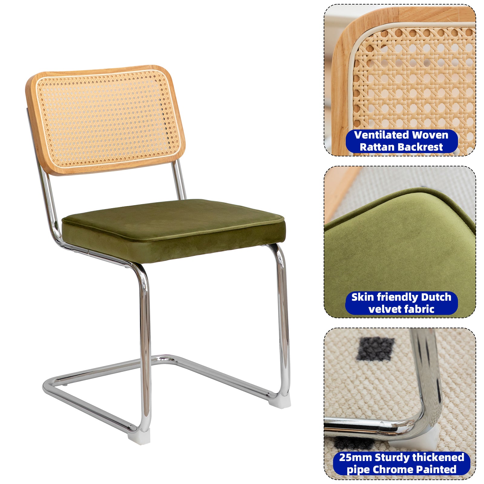 Modern cantilever chair with ventilated woven rattan backrest and olive green velvet seat