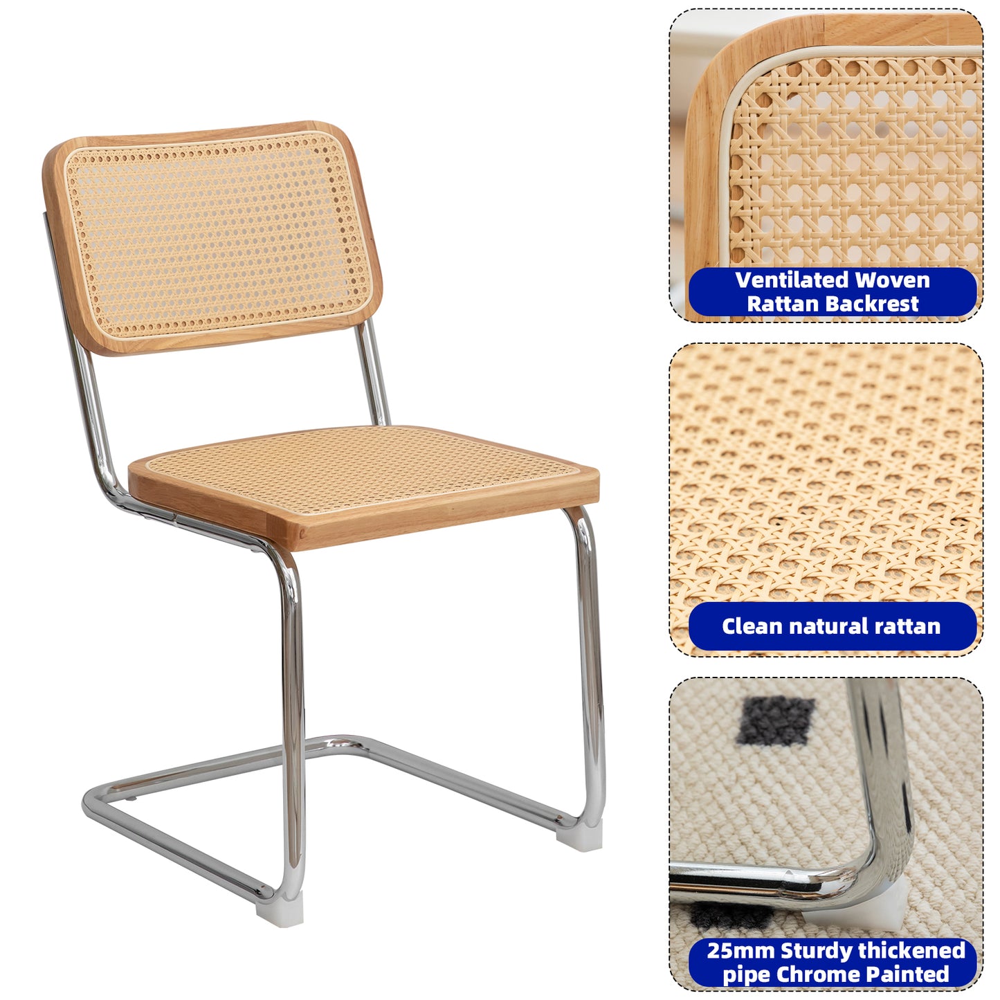 Modern chrome frame chair with natural rattan seat and backrest