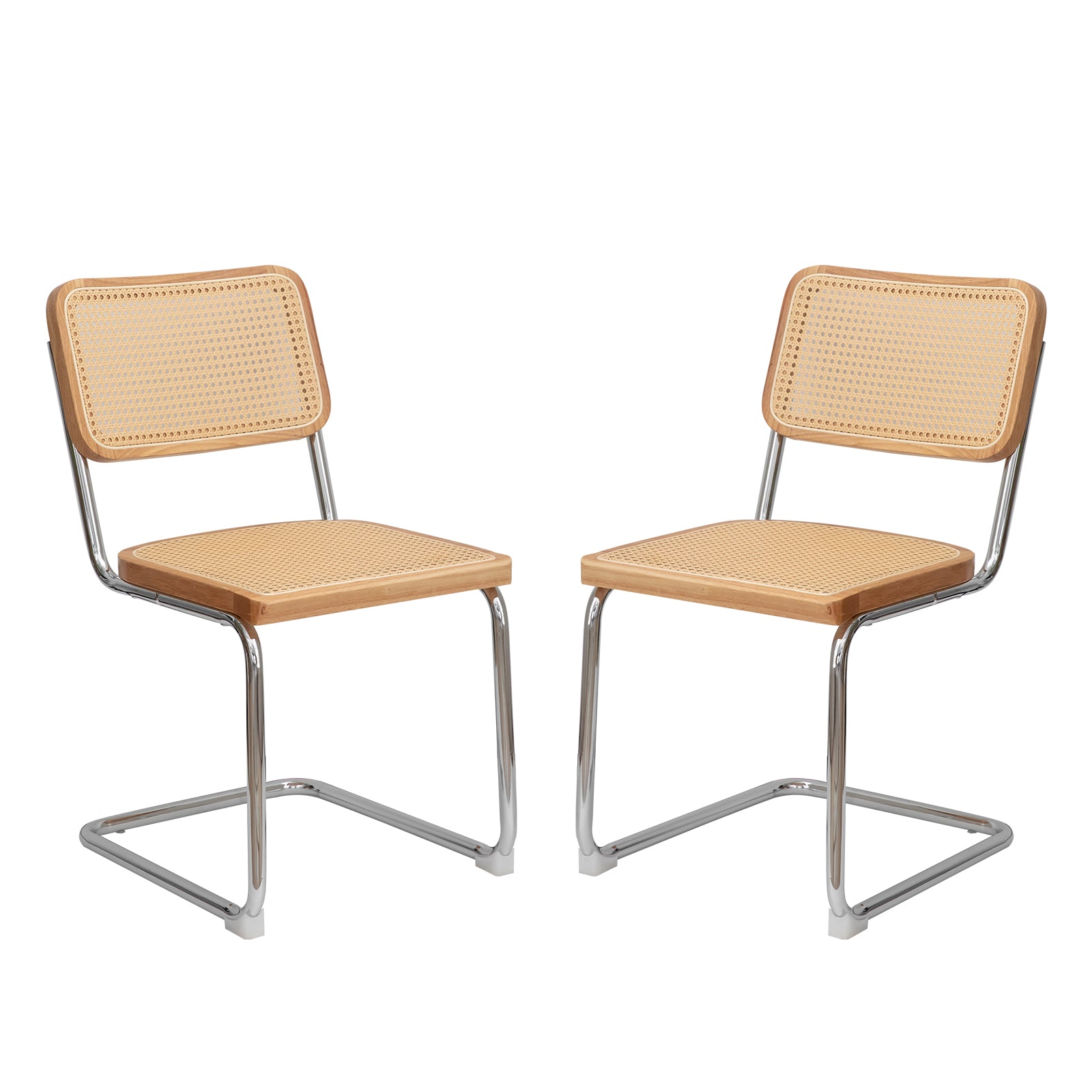 Set of two modern cane dining chairs with chrome frames