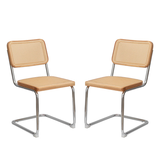 Set of two modern cane dining chairs with chrome frames