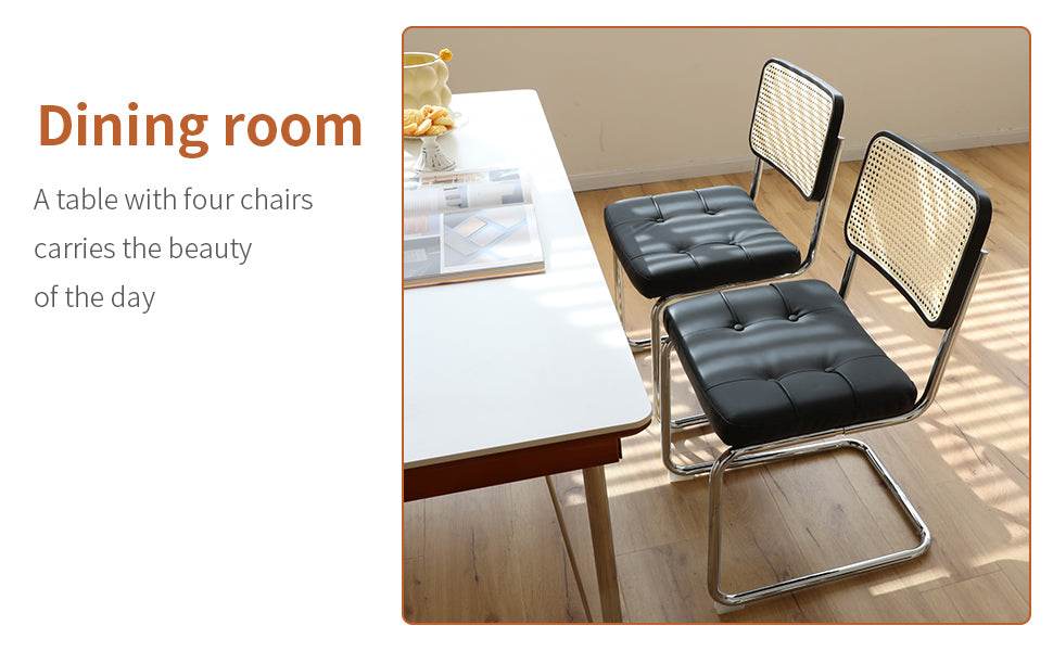 Black tufted faux leather dining chair with cane back and chrome frame