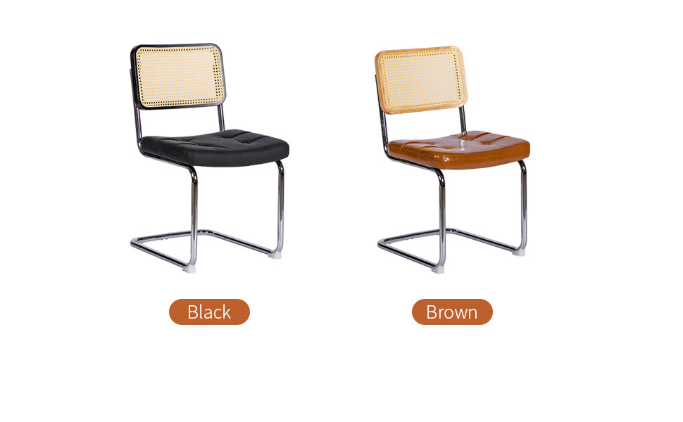 Black cantilever chair with woven back and leather seat