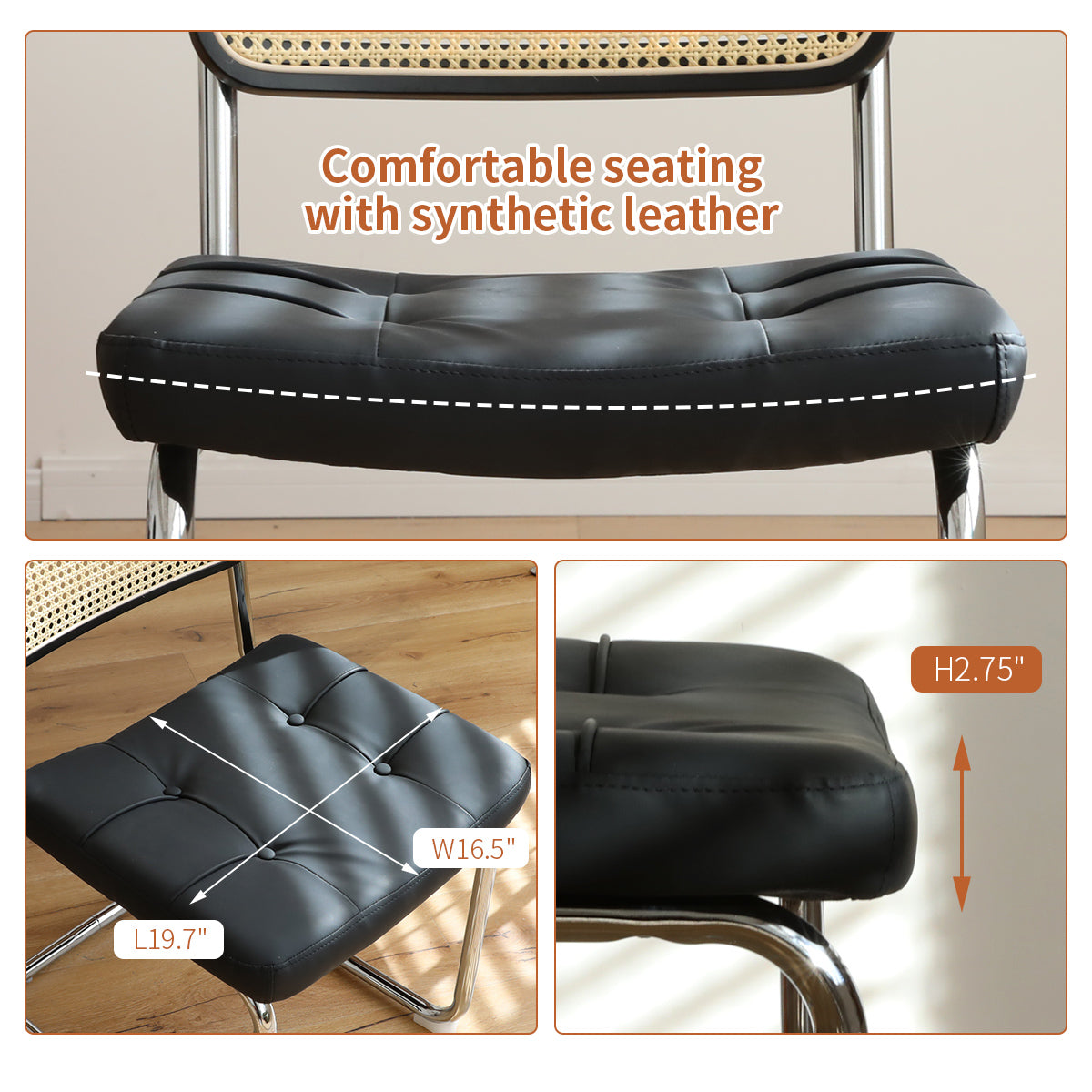 Tufted black synthetic leather seat cushion detail on dining chair