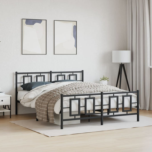 Modern black metal bed frame with geometric headboard and footboard