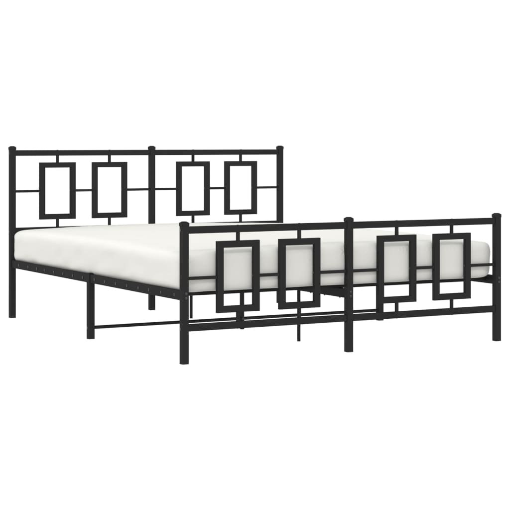Black metal bed frame with a geometric headboard and footboard