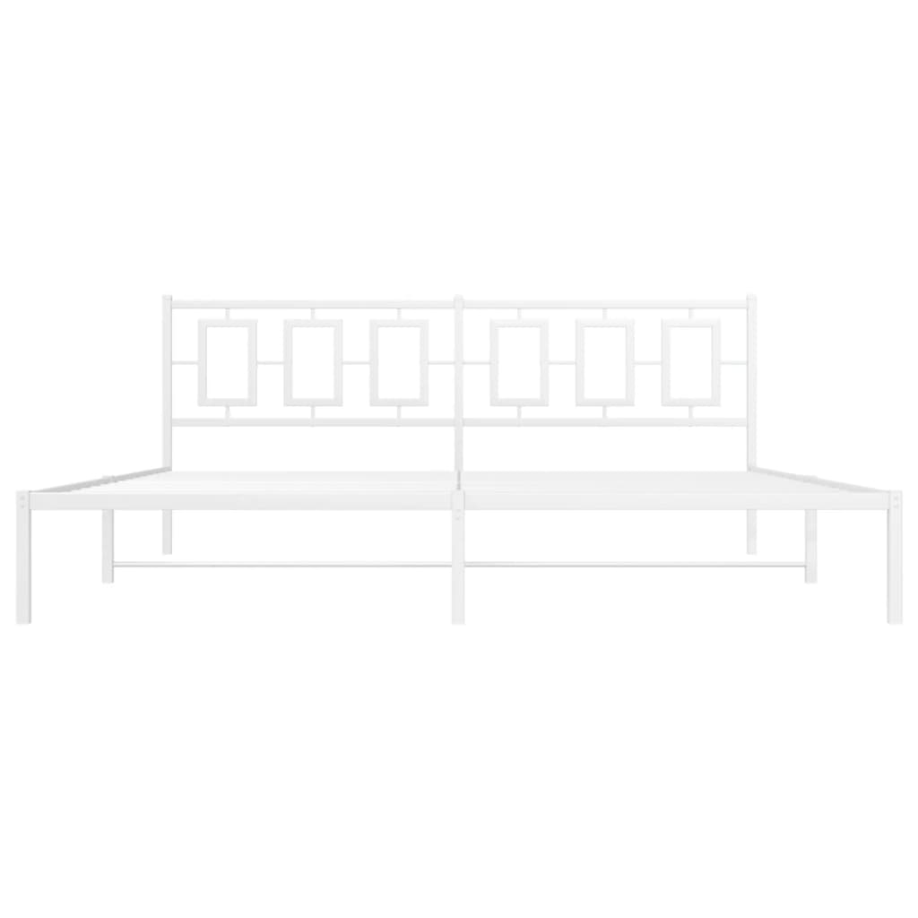 White metal bed frame with geometric headboard and mattress