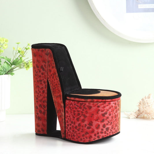 Red leopard print high heel jewelry box with black interior and woven lid