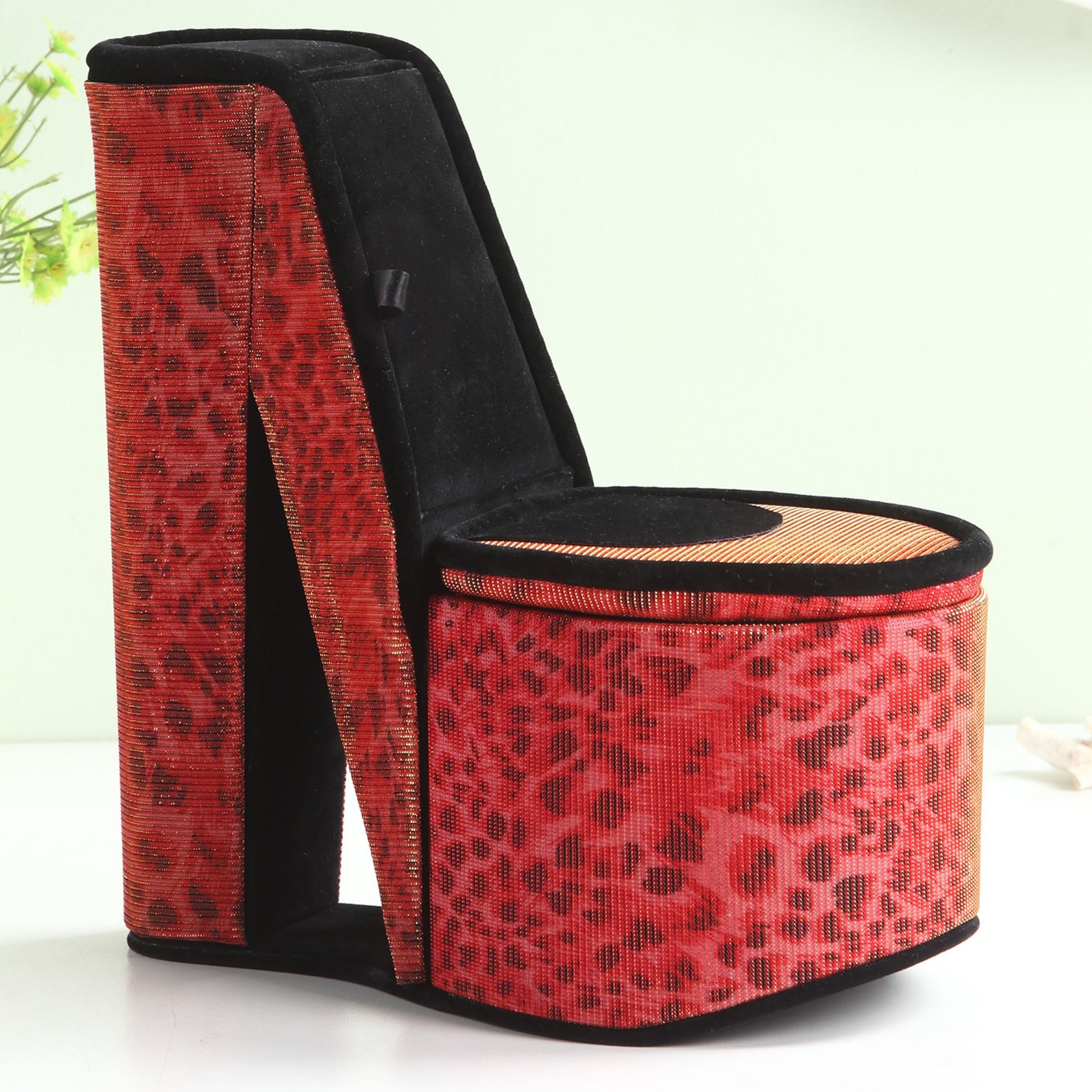 Red leopard print stiletto heel jewelry box with black velvet accents