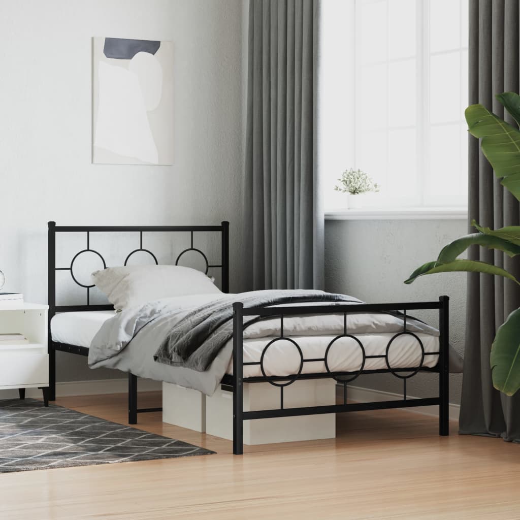Black metal twin bed frame with circular headboard design