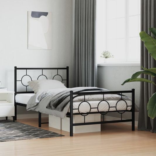 Black metal twin bed frame with circular headboard design