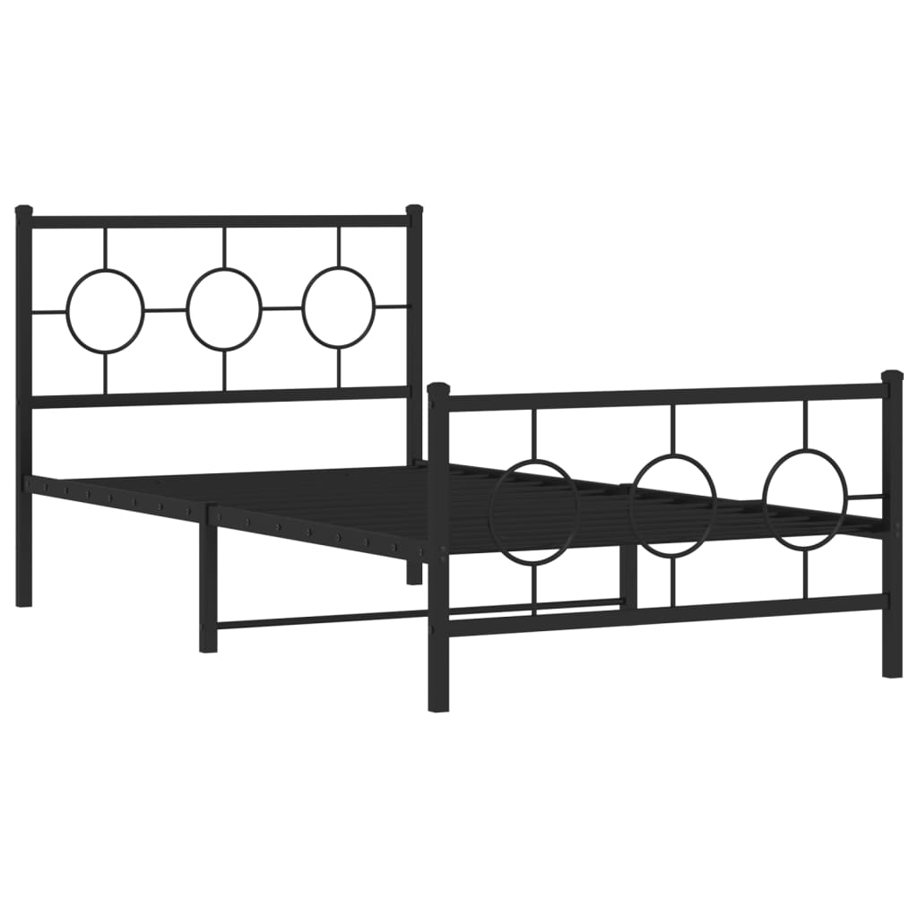 Black metal single bed frame with circular headboard design