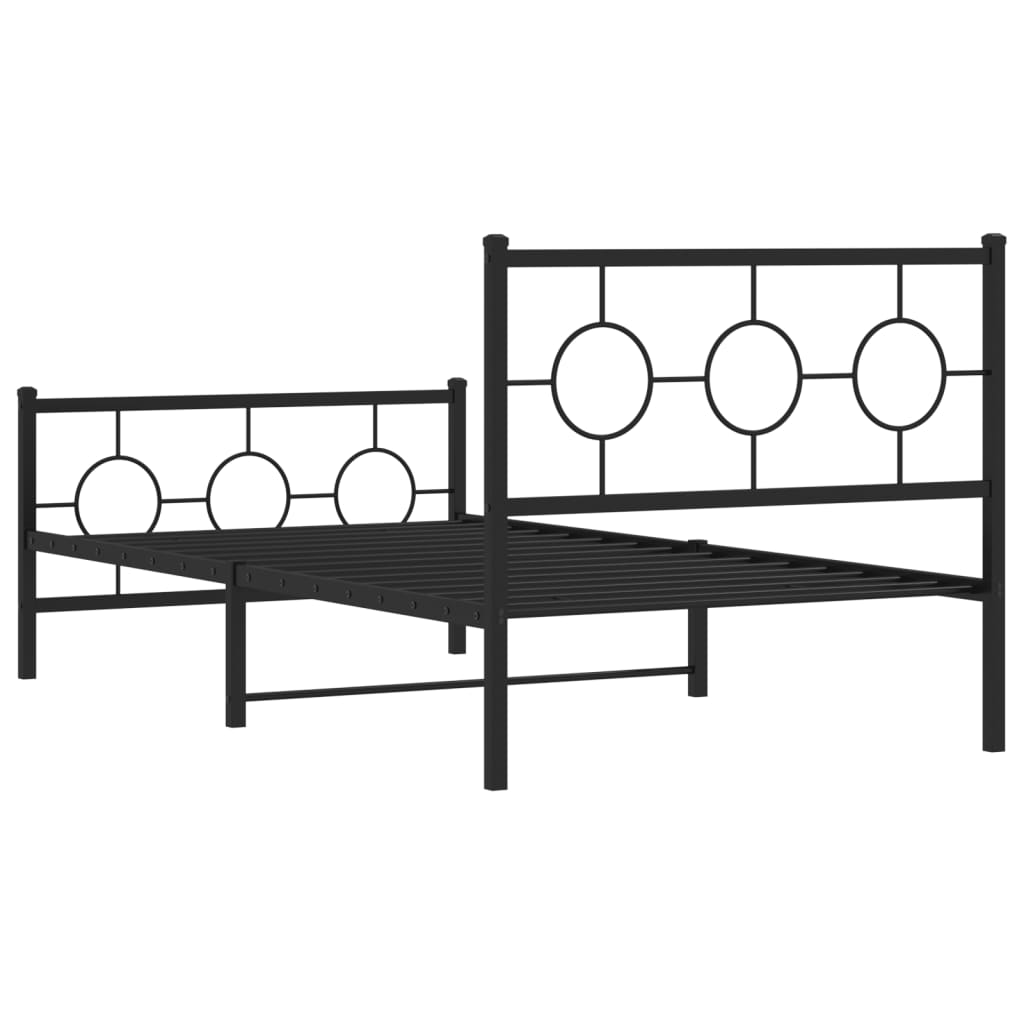 Black metal twin bed frame with decorative headboard and footboard
