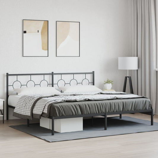 Black metal queen bed frame with circular headboard design