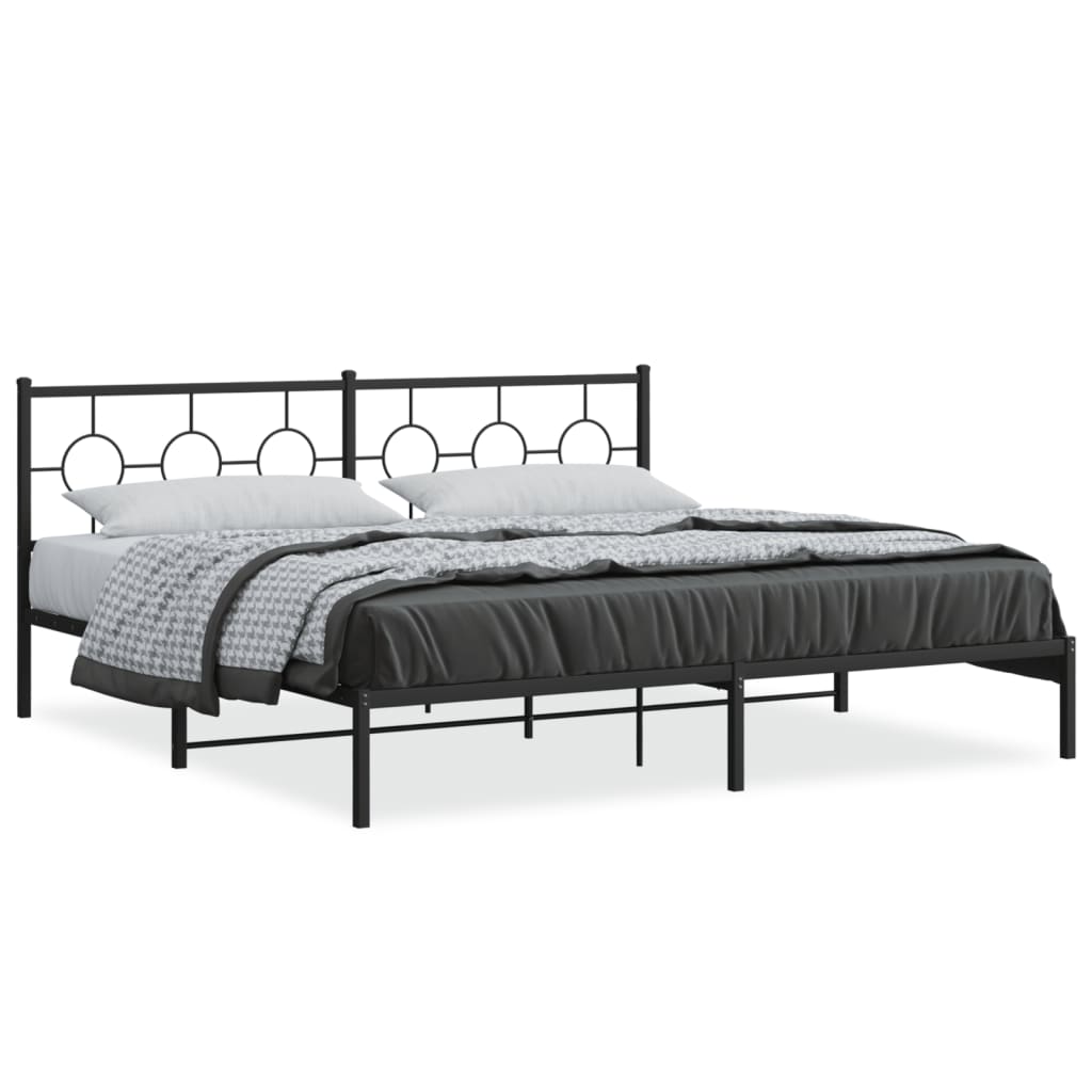 White metal bed frame with circular headboard design and included dimensions