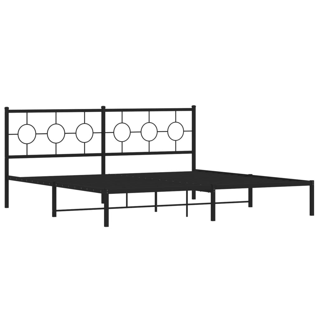 Black metal platform bed frame with decorative circular headboard and minimalist design