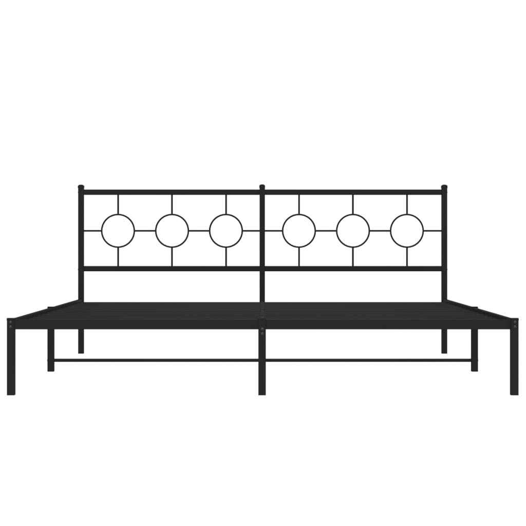 Black metal bed frame with a modern circular geometric headboard and white mattress