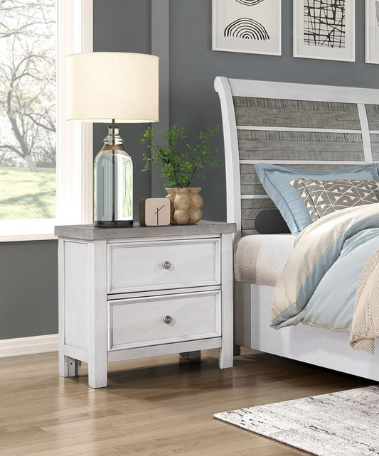 White washed wood nightstand with two drawers and a gray concrete top