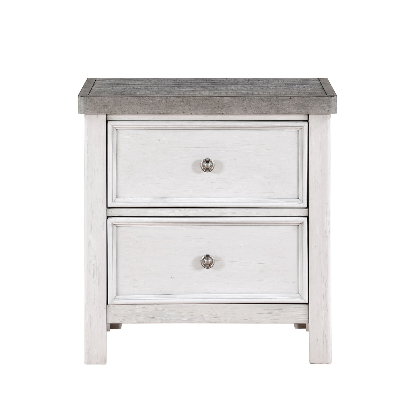 White twodrawer nightstand with distressed grey wood top and silver knobs