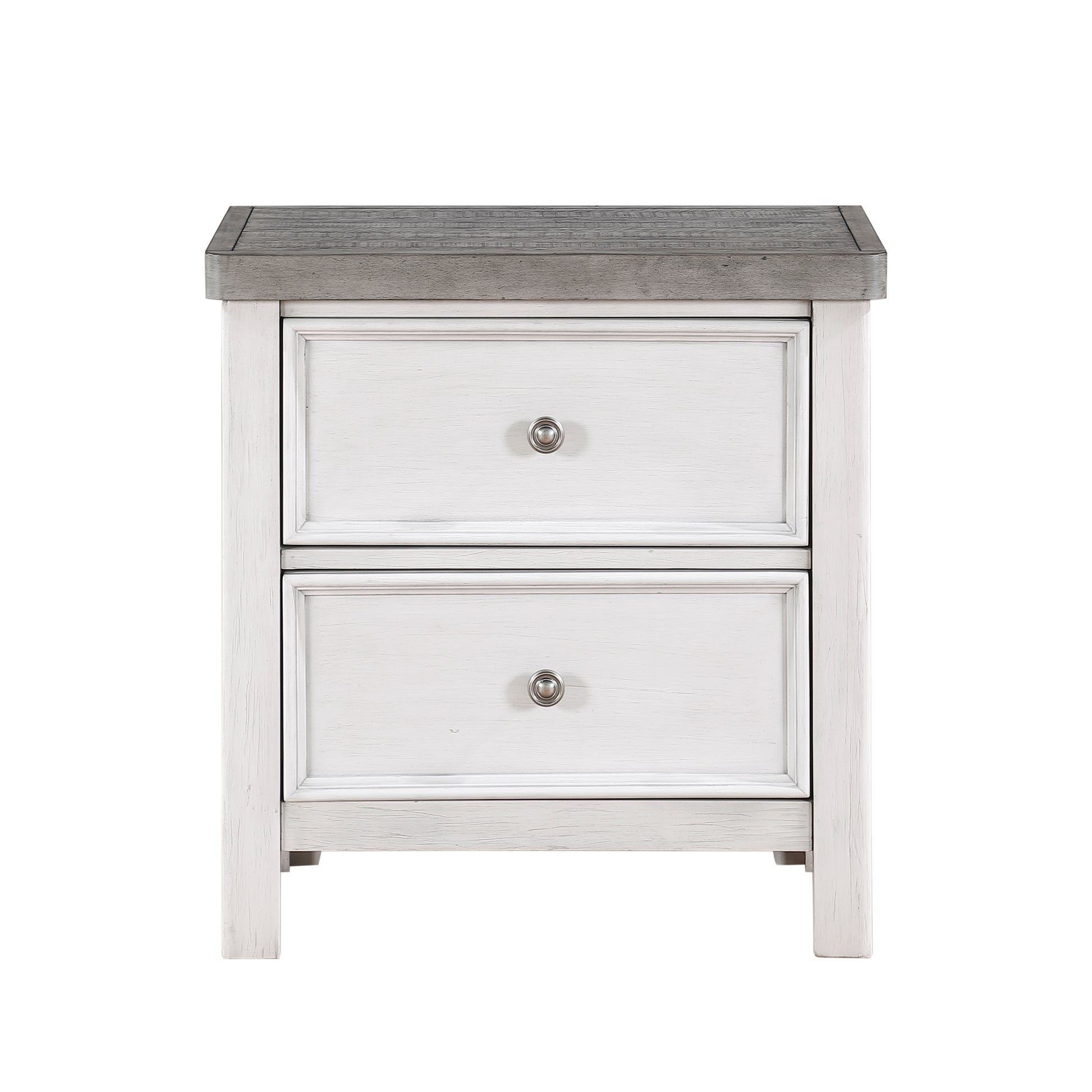 White twodrawer nightstand with distressed grey wood top and silver knobs