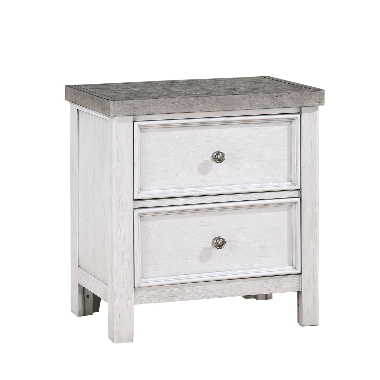 Farmhouse white nightstand with two drawers and weathered grey top