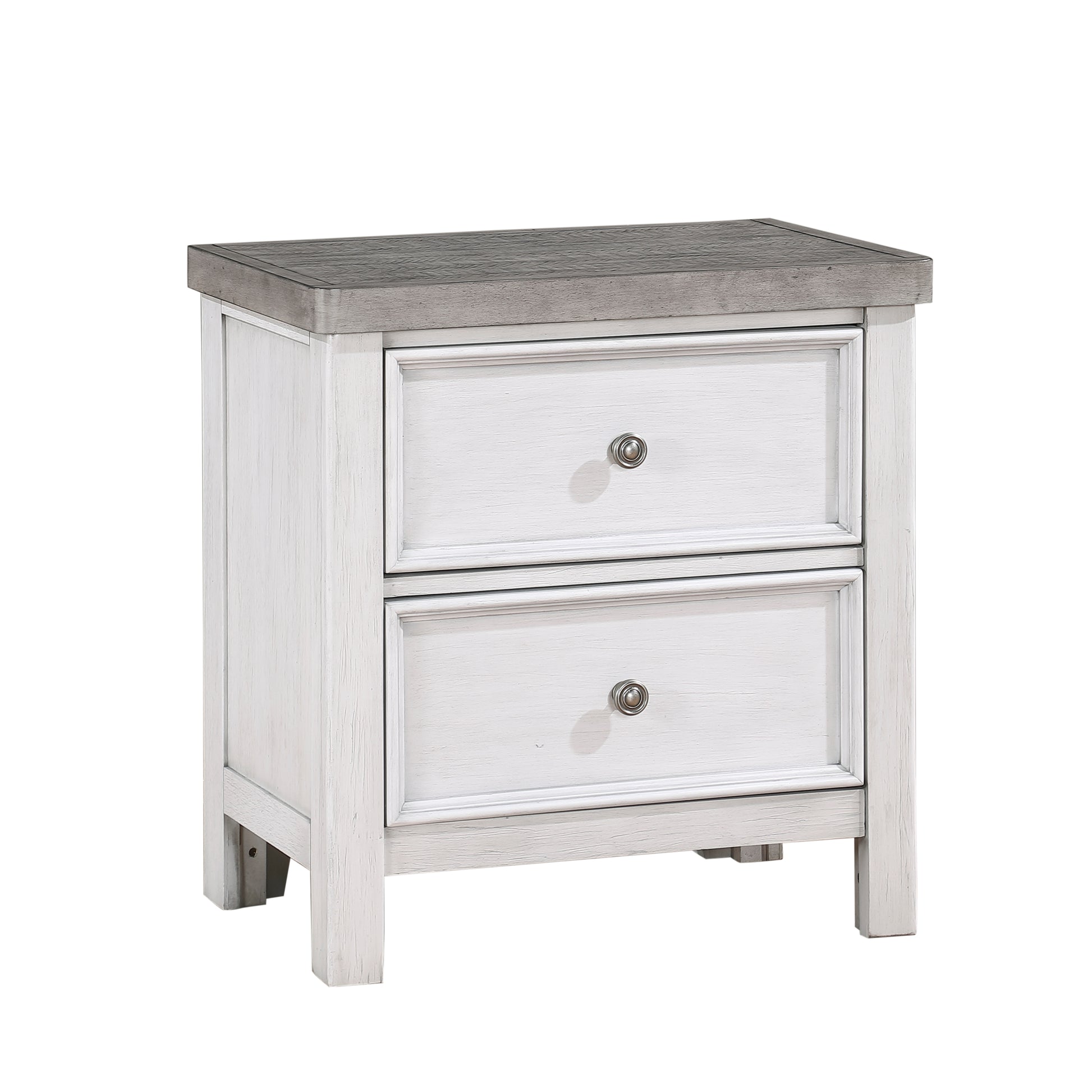 Farmhouse white nightstand with two drawers and weathered grey top