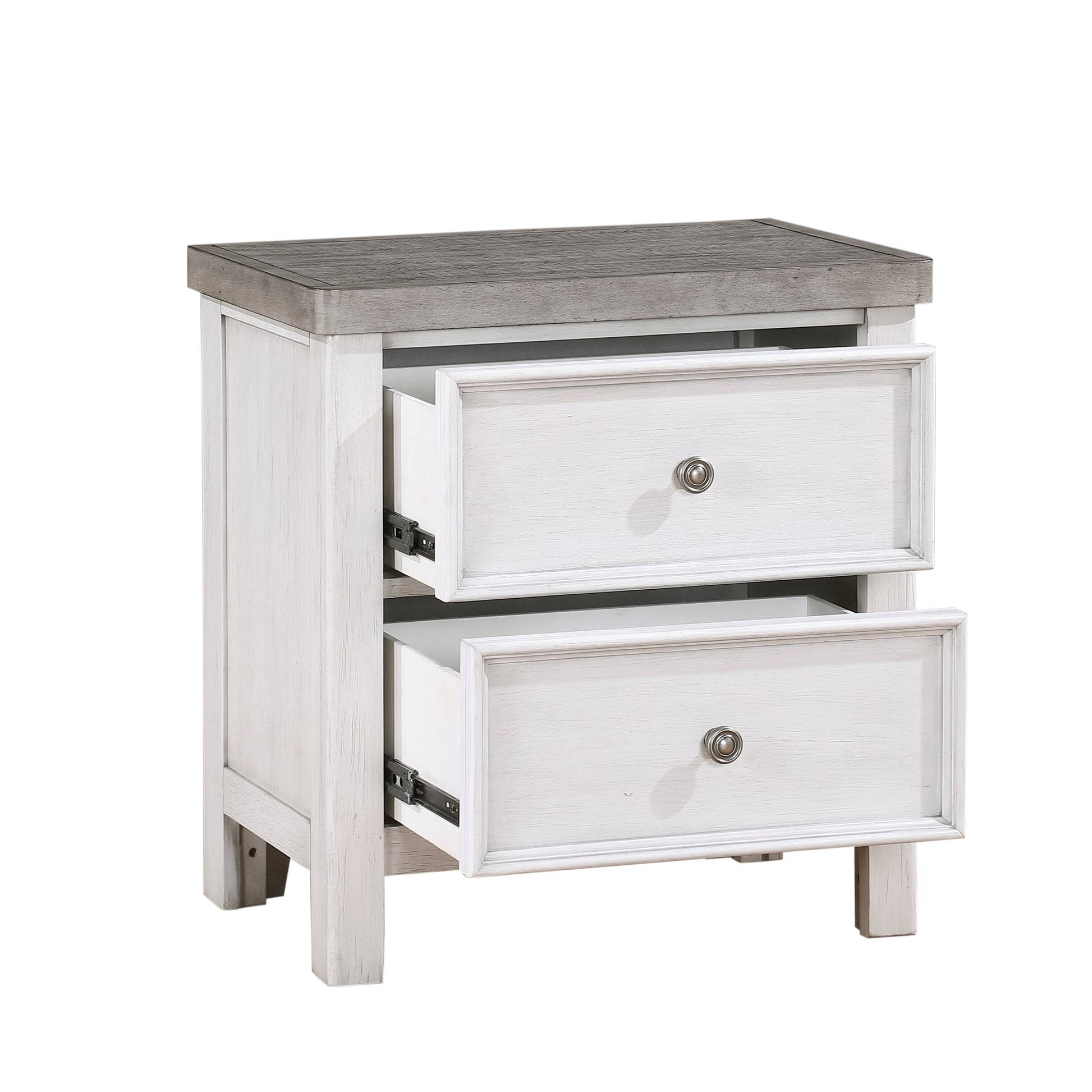 Distressed white wood nightstand with gray wood top and two open drawers