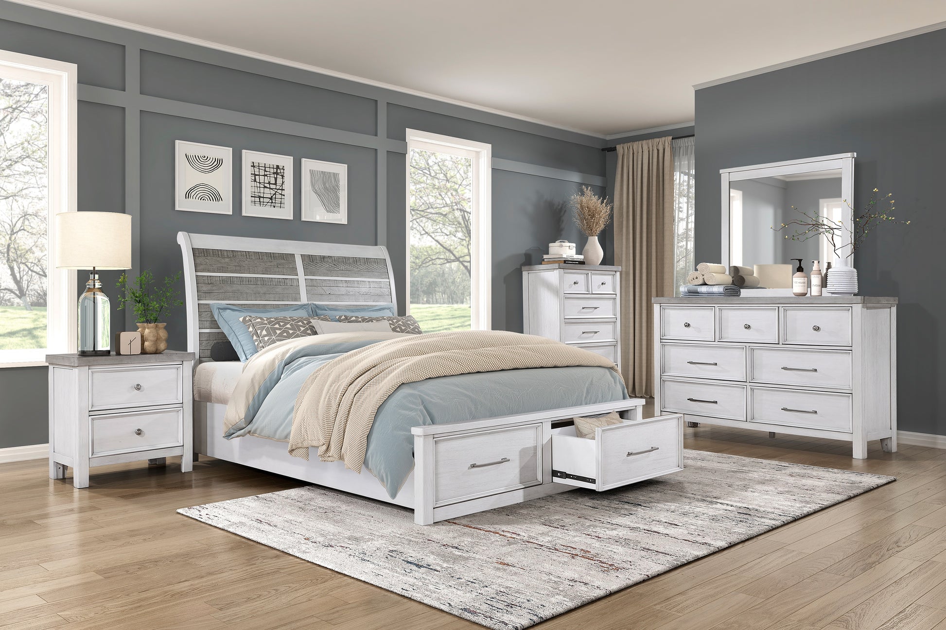 White and gray reclaimed wood king bed with storage drawers and blue bedding