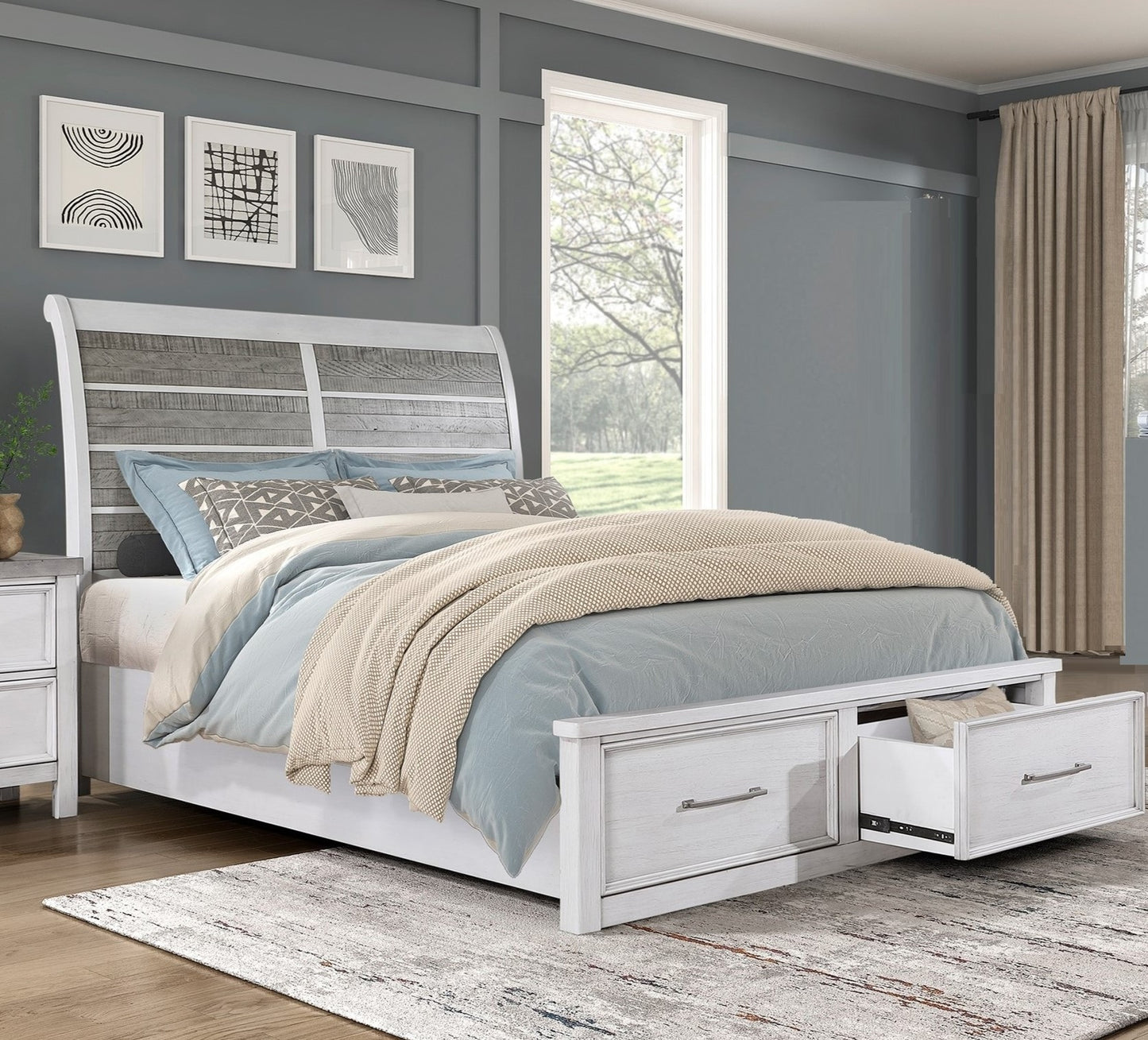 White distressed wood sleigh bed with storage drawers