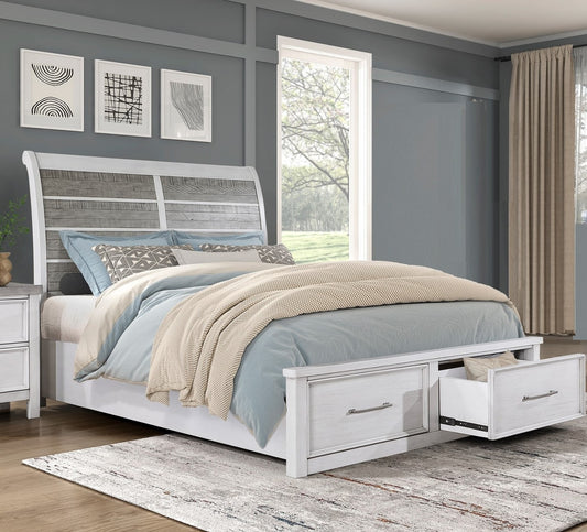 White distressed wood sleigh bed with storage drawers