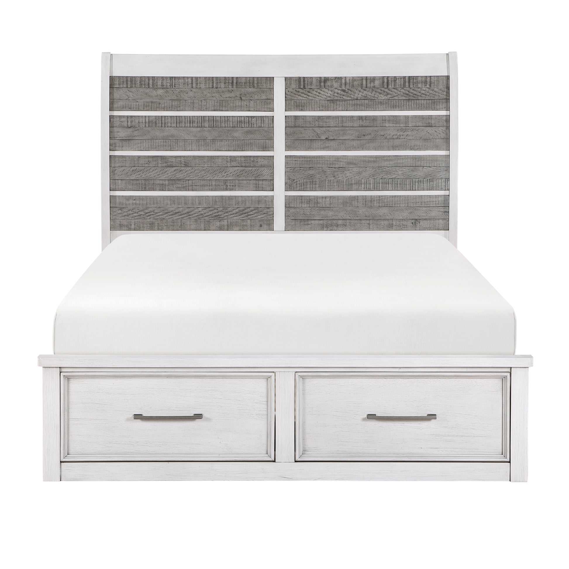 Rustic gray and white queen bed frame with storage drawers and plank headboard