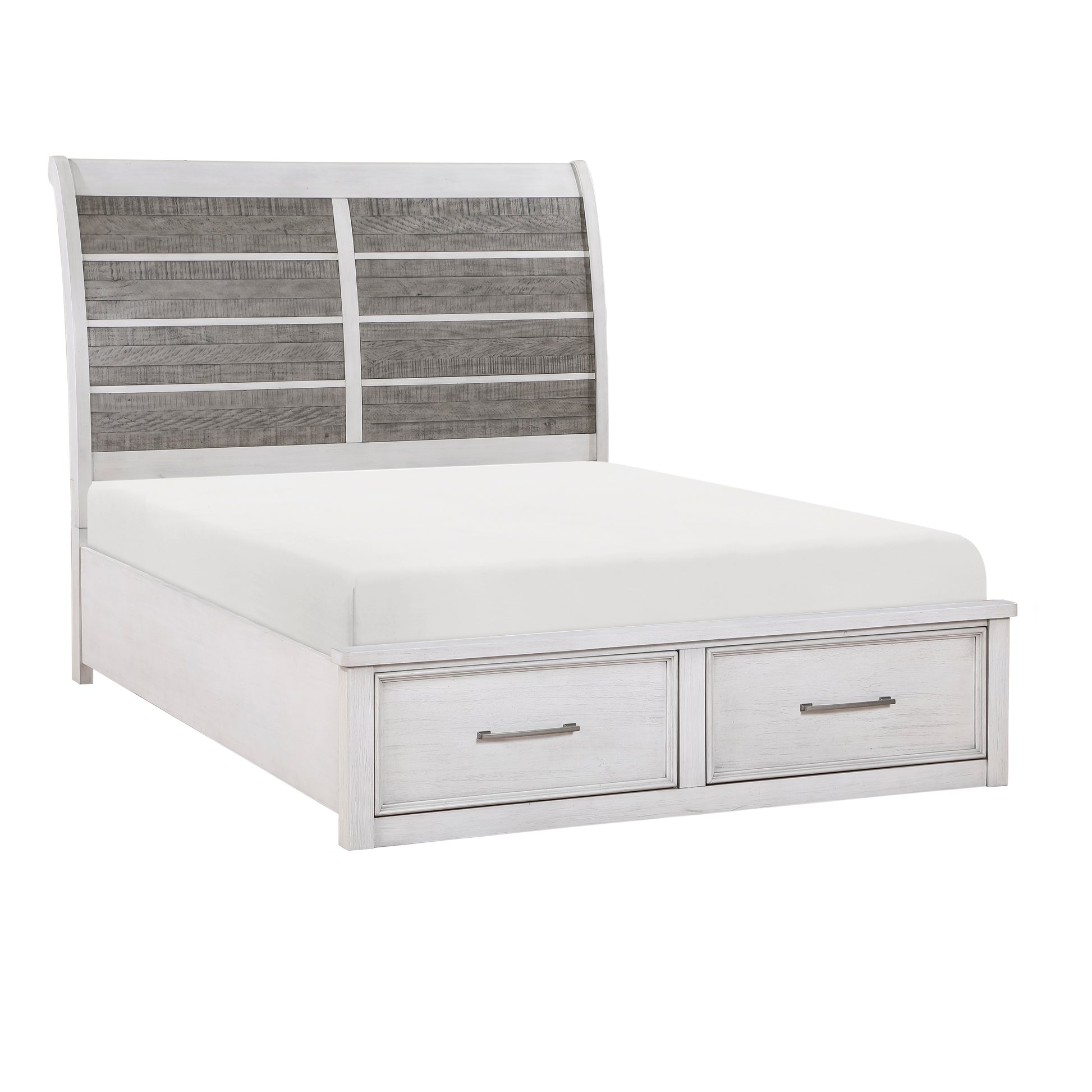 White distressed wood sleigh bed frame with two storage drawers