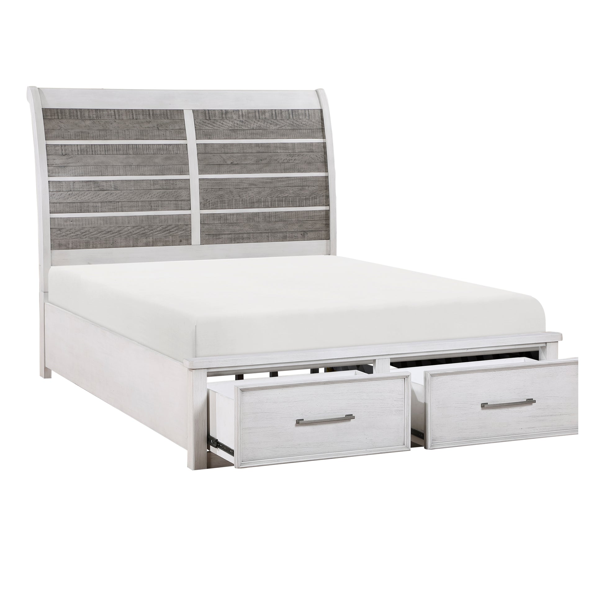 White and grey distressed wood queen bed frame with storage drawers