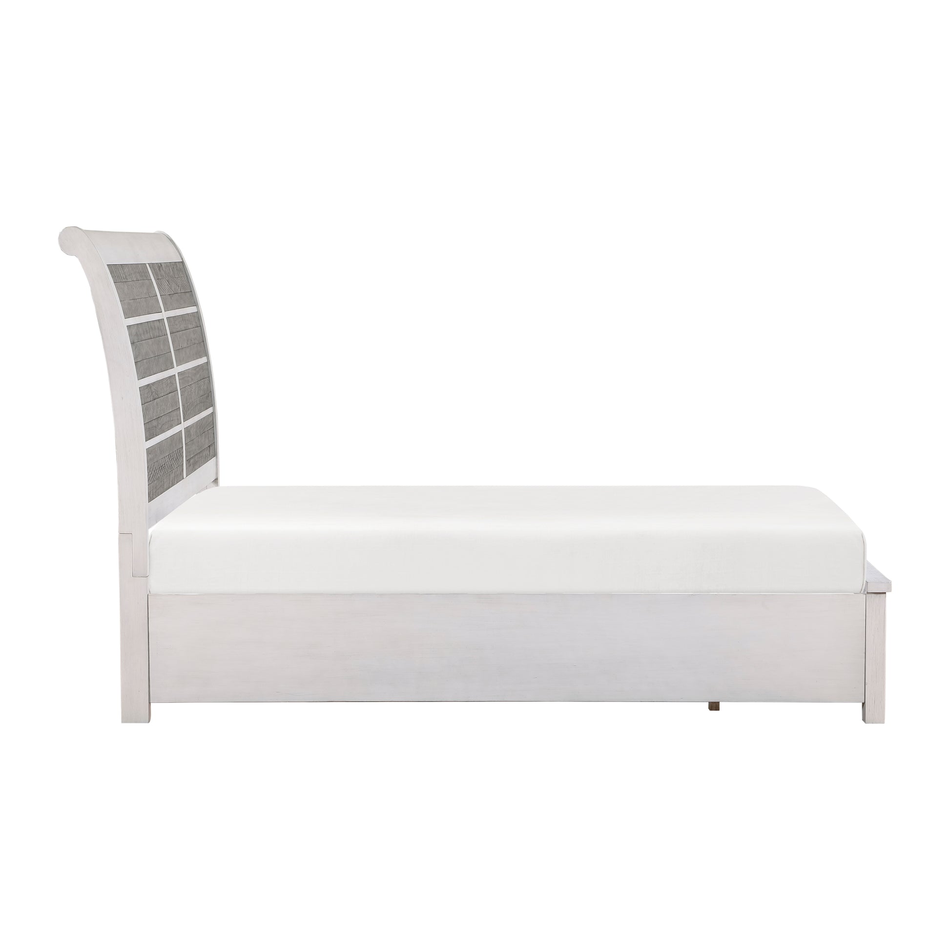 White wooden queen bed frame with curved grey plank headboard