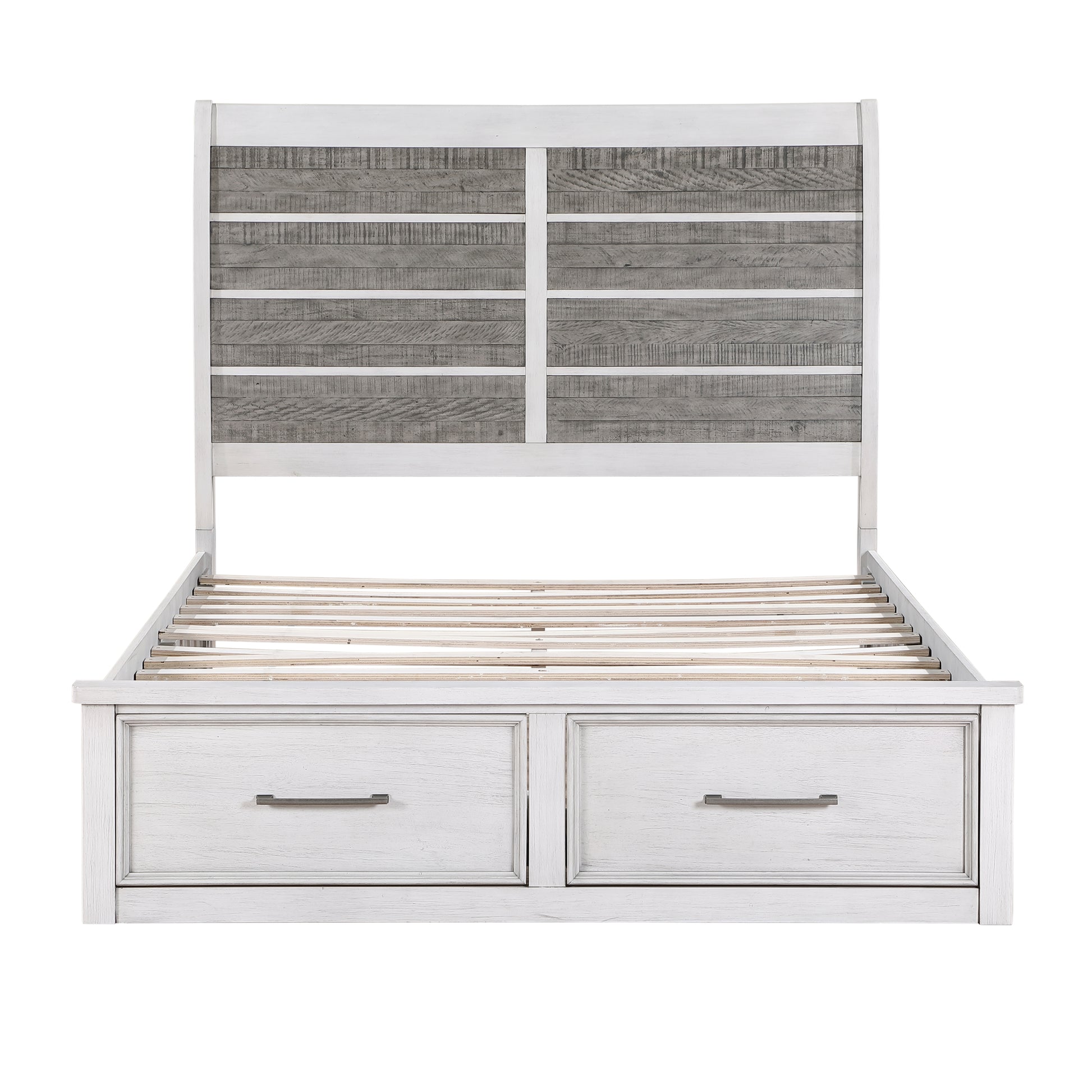 White and gray plank headboard storage bed frame with two drawers