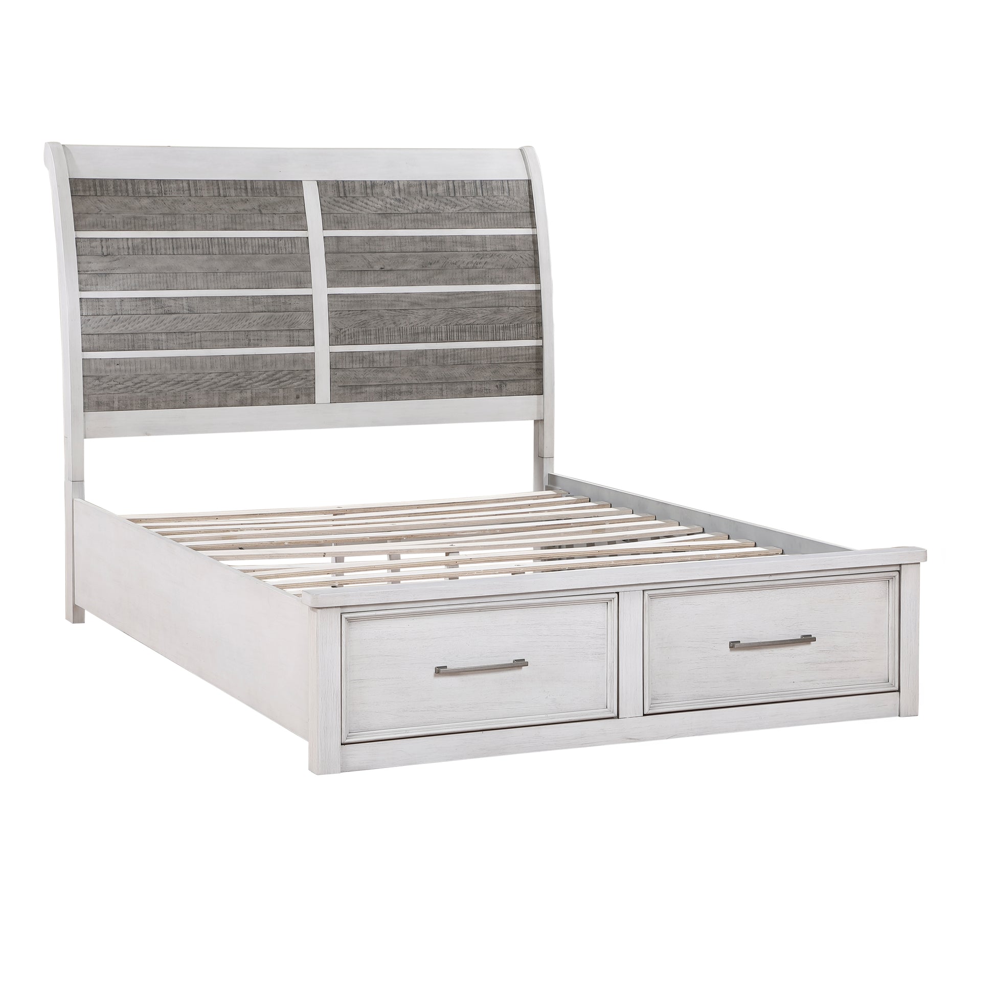 White wood sleigh bed with distressed grey wood headboard and two storage drawers