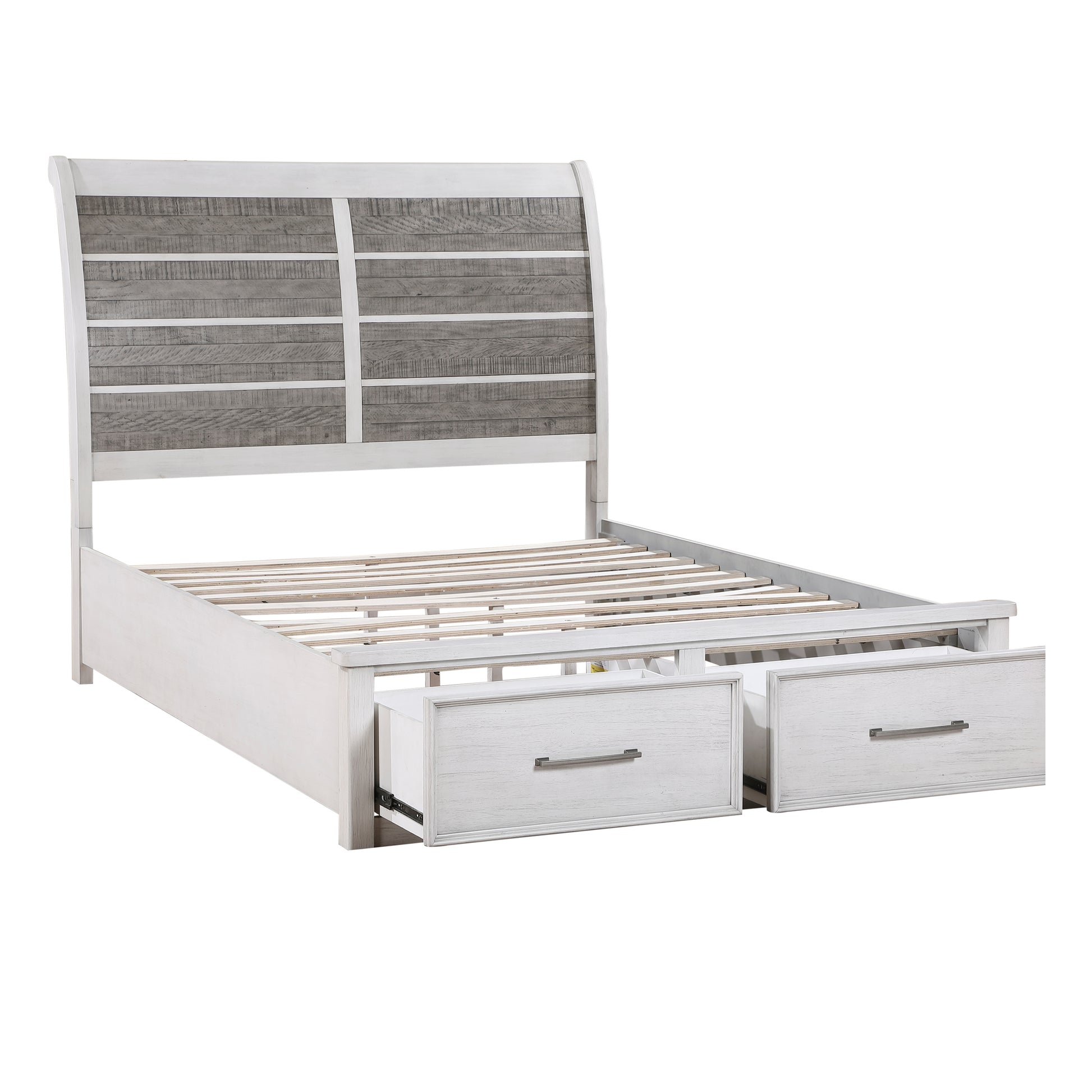 White and gray wood headboard sleigh bed with two storage drawers