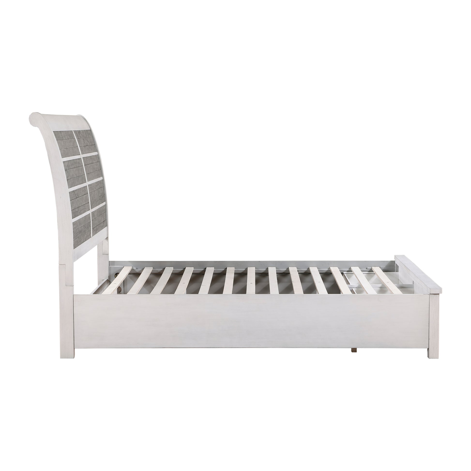 White wood sleigh bed frame with textured headboard