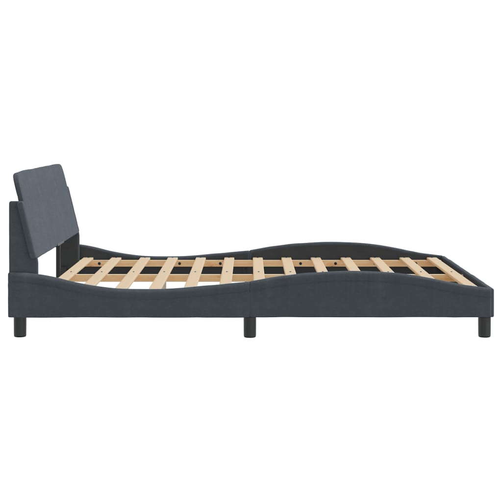 Dark grey upholstered bed frame with wooden slats
