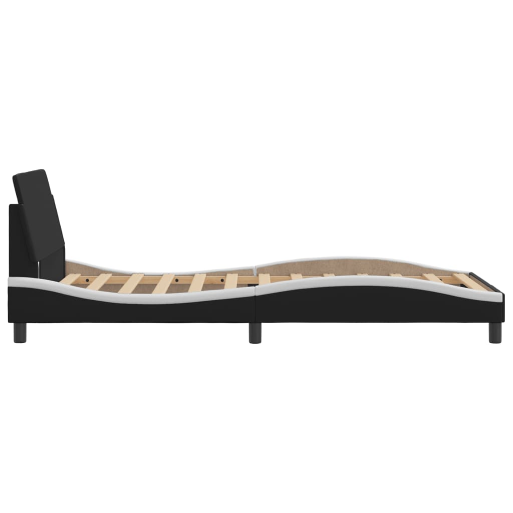 Black upholstered bed frame with wooden slats
